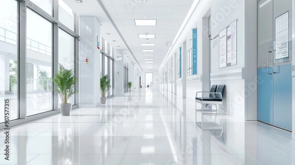Fototapeta Medical Background,  A deserted hospital corridor stretching into the distance, featuring large glass windows allowing soft natural light to illuminate the space. White walls are