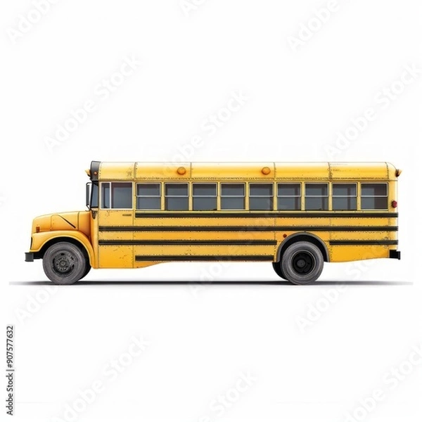 Fototapeta Medium shot of school bus, isolated on a white background, bright and vivid tonality