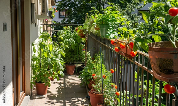 Obraz  Apartment balcony transformed into a lush vegetable garden, featuring tomatoes, peppers, and herbs in pots .Small Balcony Garden with Ripe Tomato Plants  Garden with Red Tomatoes. "Tomato Plants Grow
