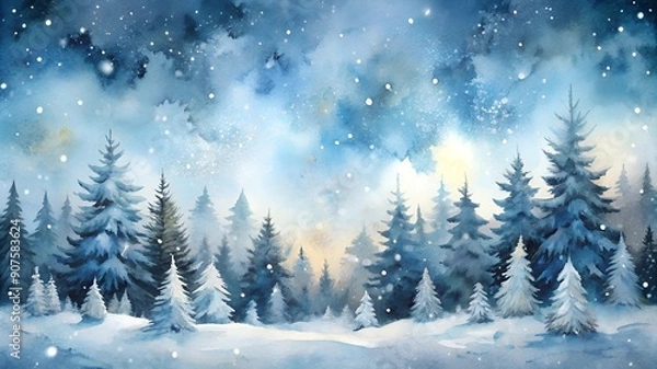 Fototapeta Winter Background with Snow-Covered Forest and Falling Snowflakes, Serene Nature