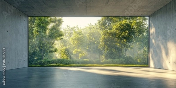 Fototapeta 3d render of empty concrete room with large window on nature background, Generative AI