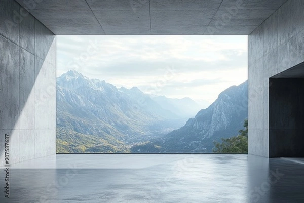 Fototapeta 3d render of empty concrete room with large window on nature background, Generative AI
