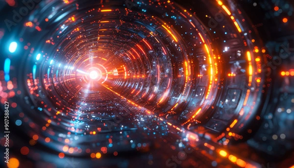 Obraz Futuristic Light Tunnel With Colorful Illuminations at Night. A vibrant light tunnel glows with blue and orange luminescence