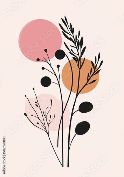 Obraz Abstract plant illustration in the style of a flat style with a pink background featuring muted colors