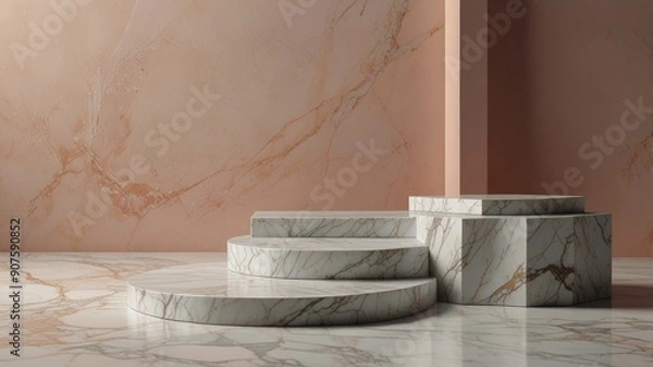 Fototapeta Marble stand bucket and shovel.Podium product display stage 3d marble stand stone summer platform. Mockup background beauty white podium rock space cosmetics stage presentation nature light