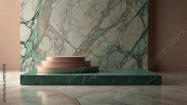 Fototapeta Marble stand design.Podium product display stage 3d marble stand stone summer platform. Mockup background beauty green podium rock space cosmetics stage presentation nature light