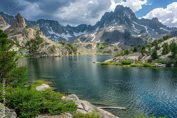 Fototapeta horizontal image of an alpine landscape with a beautiful lake surrounded by stunning mountains