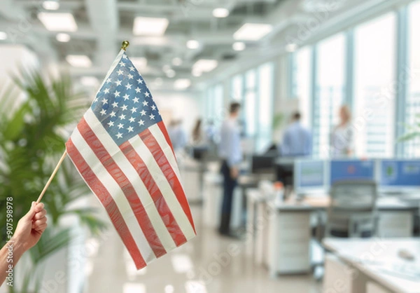 Obraz Close up of an American flag being held in the style of one person in the foreground, 