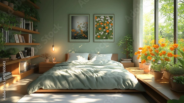 Fototapeta In a cozy bedroom, the sun shines through the curtains on the potted plants on the windowsill, and books and photography with a strong literary atmosphere are placed on the shelves. 