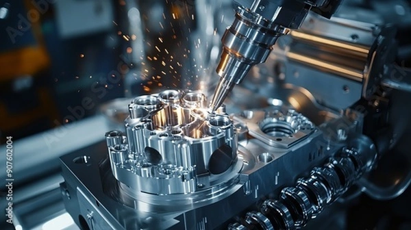 Fototapeta A closeup scene of a 5axis machining center cutting a V8 engine cylinder block with a solid ball end mill tool illustrating the highprecision automotive manufacturing process with a