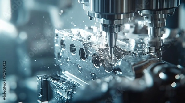 Fototapeta A closeup scene of a 5axis machining center cutting a V8 engine cylinder block with a solid ball end mill tool illustrating the highprecision automotive manufacturing process with a