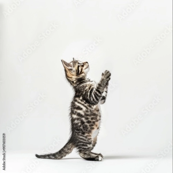 Fototapeta Medium shot of A cute kitten standing on its hind legs, with paws raised, with soft 