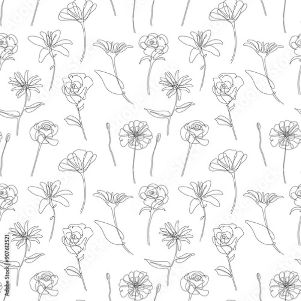 Fototapeta Seamless pattern with hand drawn flowers. Abstract floral background.