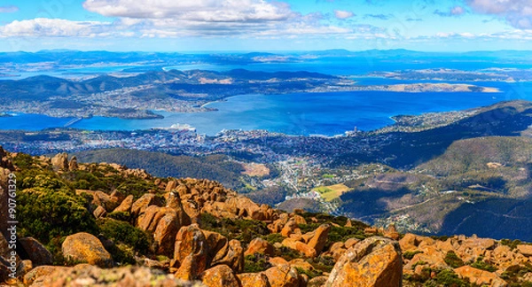 Fototapeta Aerial panoramic view of Hobart City and its vicinity from the Mount Wellington peak. Tasmanian Island, Australia.