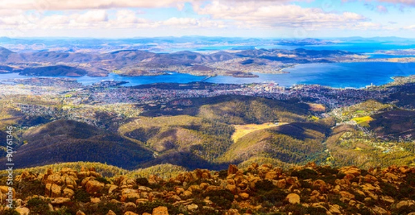 Fototapeta Aerial panoramic view of Hobart City and its vicinity from the Mount Wellington peak. Tasmanian Island, Australia.