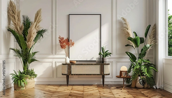Fototapeta A large empty picture frame hangs above a stylish console table in a bright interior. Generated by AI.