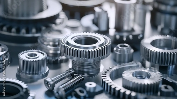 Fototapeta An engineering parts arrangement concept focusing on the large gear closest to the focal point