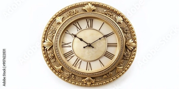 Fototapeta Elegant vintage large Roman wall clock features a beautifully crafted brass finished frame, ornate details, and classic Roman numerals on a creamy white face.