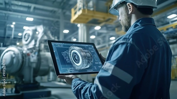 Obraz In a factory setting an engineer uses a tablet computer to design an engine with an augmented reality app Industry 40 concept involving research development visualization and