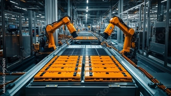 Fototapeta Modern EV factory with automated production lines where robot arms transport automotive battery modules onto a conveyor belt demonstrating the electric car battery pack manufacturing