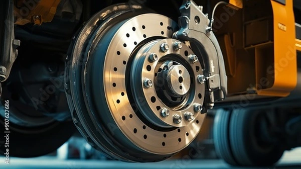 Fototapeta Replacement of truck brake pads and drum brakes focusing on automobile maintenance and repair