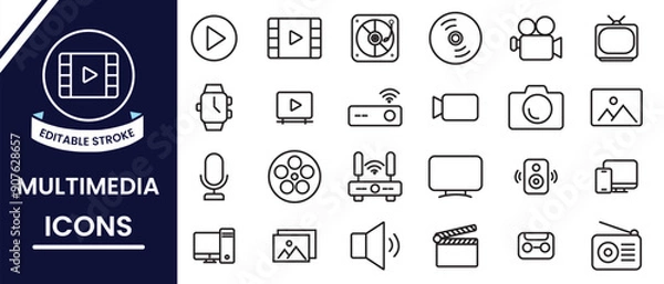 Fototapeta Multimedia icons set. Multimedia Line Editable Icons, vector set. Set of electronics device icons. Set of modern digital technology icons. Technology editable line icon for website, app, logo. 