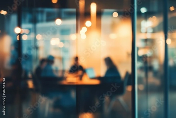Fototapeta Business team meeting in an office, blurry background with people sitting around a table and working on laptops. Glass walls create soft lighting effects, highlighting professional collaboration