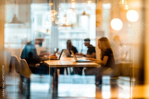 Fototapeta Business team meeting in an office, blurry background with people sitting around a table and working on laptops. Glass walls create soft lighting effects, highlighting professional collaboration