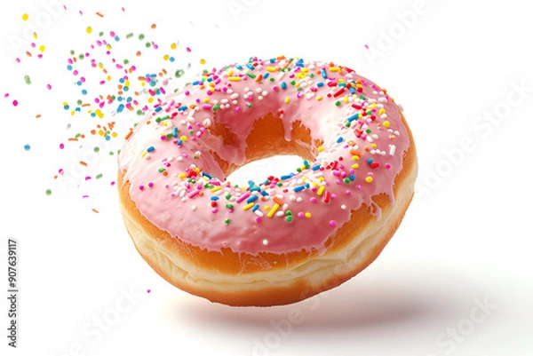 Fototapeta Donut with colorful decor Isolated on white background. donuts falling down over a solid color background .Sprinkled Donut with a White Background 