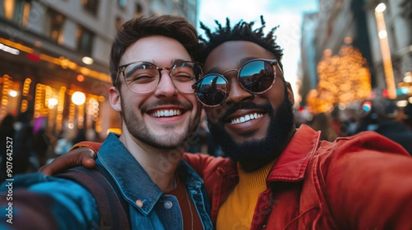 Fototapeta Happy Gay Couple Joyfully Posing for Selfie in Vibrant City Setting