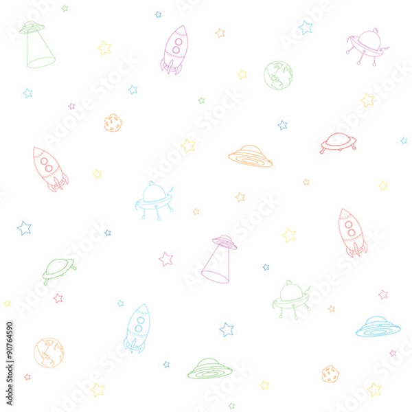 Fototapeta Seamless texture with space rocket, ufo, earth and moon. Vector
