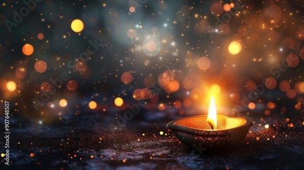 Fototapeta Glowing Candle with Bokeh Lights Creating a Peaceful Ambiance in a Dark Setting
