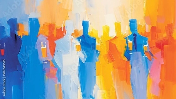 Obraz This abstract painting portrays a crowd of people in vibrant blue and yellow hues, holding glasses of drinks, capturing the dynamic and lively atmosphere of social gatherings.