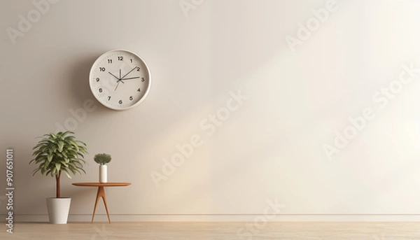 Fototapeta White Wall Clock with Plants and Wooden Table in Minimalist Interior