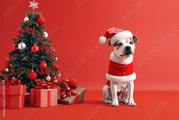 Fototapeta A dog is wearing a Santa hat and sitting in front of a Christmas tree