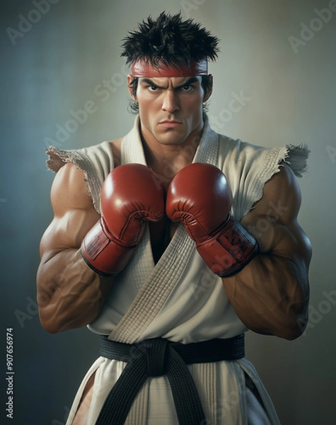 Fototapeta Illustration of street fighter in a combat-ready pose. Iconic figures, imaginary cosplayers: Japan's disciplined Karate vado ryu expert