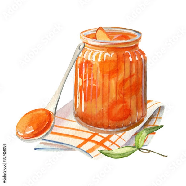 Fototapeta Watercolor hand-drawn illlustration with glass pot. Apricot jam in a spoon. Food art with kitchen towel. 