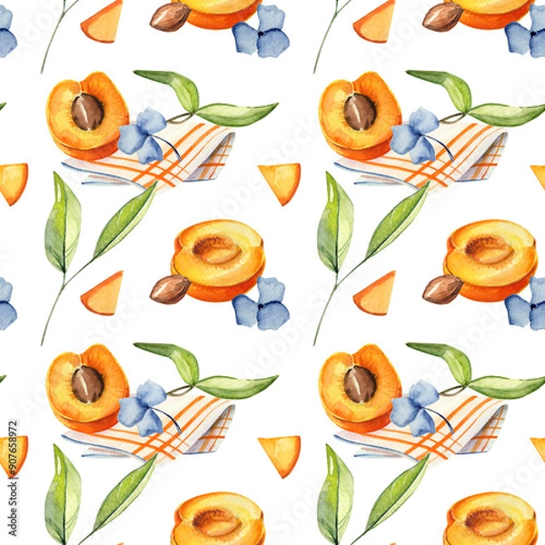 Fototapeta Watercolor seamless pattern with hand-drawn apricots. Fresh apricot with leaves, flowers and kitchen towel. Illustration for kitchen decor and textile. 