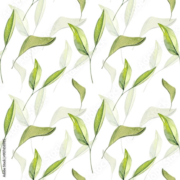 Fototapeta Watercolor seamless botanical pattern with green leaves. Herbal illustration. 