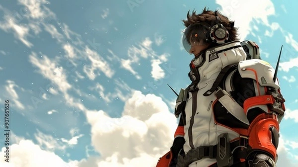 Obraz A stunning representation of a superhero standing tall under dramatic clouds