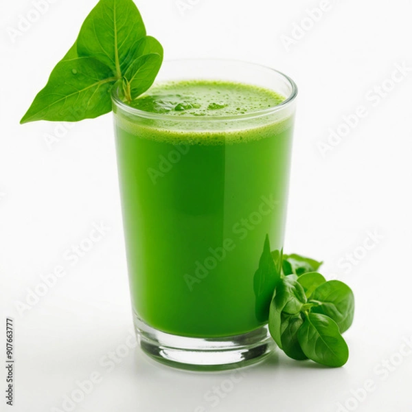 Fototapeta Glass of spinach juice, on white background