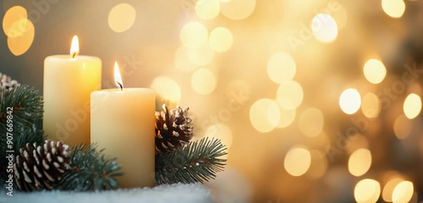 Fototapeta Decoration with candles on a light, plain background with space for an inscription. festive mood, Christmas.