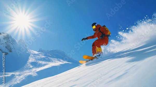 Fototapeta A snowboarder dressed in vibrant shades of red and yellow glides down a slope with a clear blue sky behind him.

