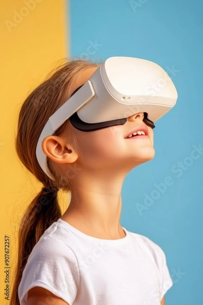 Obraz Young girl enjoys virtual reality adventure against bright colorful background