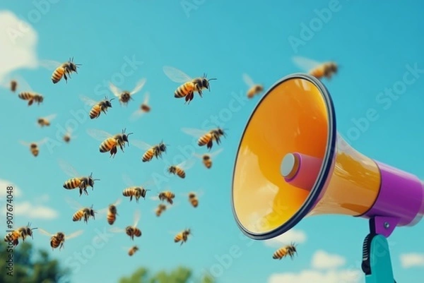 Fototapeta A colorful megaphone with bees flying around it, and honeybees fly towards the magnifying speaker.