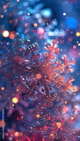 Fototapeta Stunning snowflake surrounded by colorful bokeh lights, capturing the beauty of winter and holiday magic.