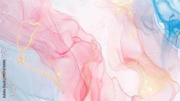 Fototapeta Soft marble ink texture background with pink, blue, and gold swirls