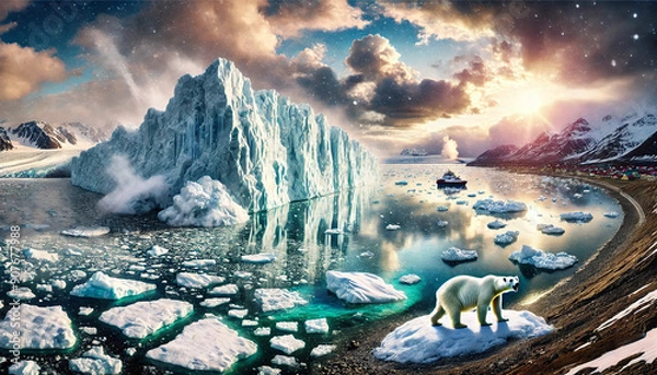 Fototapeta Concept Art Melting Ice Caps Polar Bear and Iceberg Under a Stunning Sunset Sky