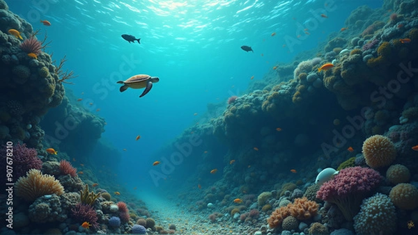 Fototapeta Tranquil Depths: Sea Turtle Swimming in a Colorful Coral Reef