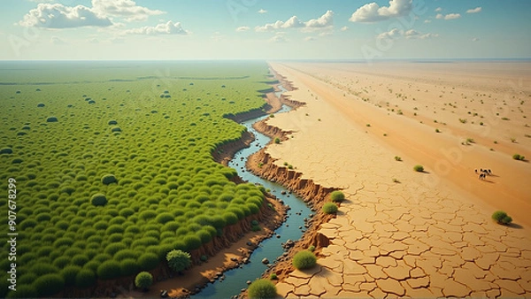 Fototapeta Nature's Edge: Dramatic Transition from Lush Greenery to Arid Desert